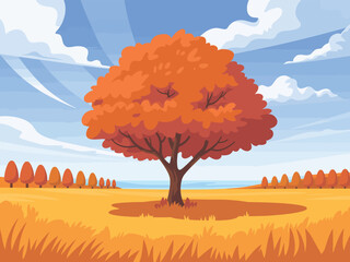 Autumn landscape with a single orange tree standing proudly in a field with distant trees and a beautiful blue sky with scattered clouds