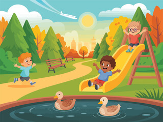 Fototapeta premium Happy Children Playing in a Park with Slide and Ducks on a Sunny Day in Autumn
