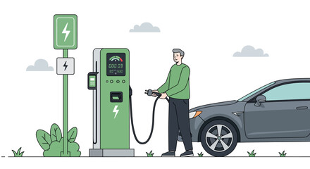 Man charging electric car at green charging station in minimalist style