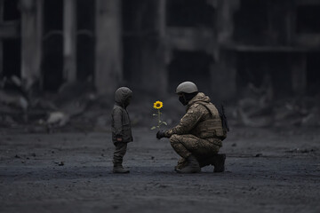 war and peace, a ukrainian soldier soothes a weeping child with a sunflower amidst the destruction