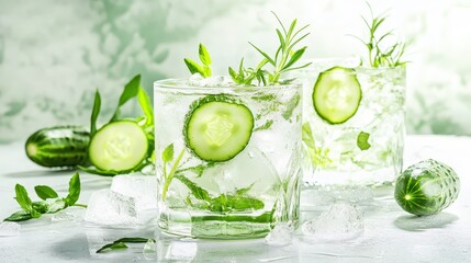 Refreshing Cucumber Mint Mocktail with Ice and Fresh Herbs