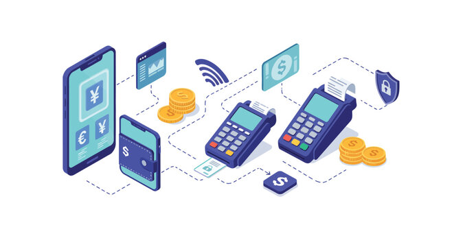 Digital payment solutions isometric design featuring mobile transactions and secure payment methods