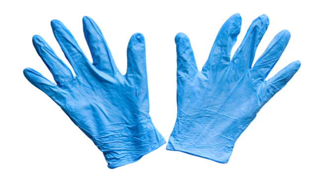 A pair of light blue disposable gloves laid out against a black background showing the fingers extended