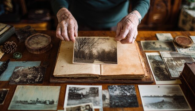 Elderly woman reviewing antique photos on wooden table, surrounded by old photographs and memories.  Use Nostalgia, memory, heritage
