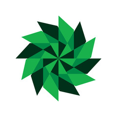 Symmetrical green geometric pattern featuring sharp triangular shapes in a circular arrangement, evoking feelings of balance, harmony, and modern design.
