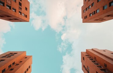 Four orange buildings with numerous windows reach towards clear blue sky with scattered white clouds. Architectural shot offers unique perspective on urban design, cityscapes. Highlights modern