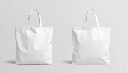 Two white canvas tote bags, front, back views, presented on clean, isolated studio background. Versatile bag mock-up perfect for custom designs, branding, promotions, minimalistic, hard-wearing,