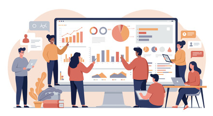 Team collaboration on data analytics with modern flat design graphics