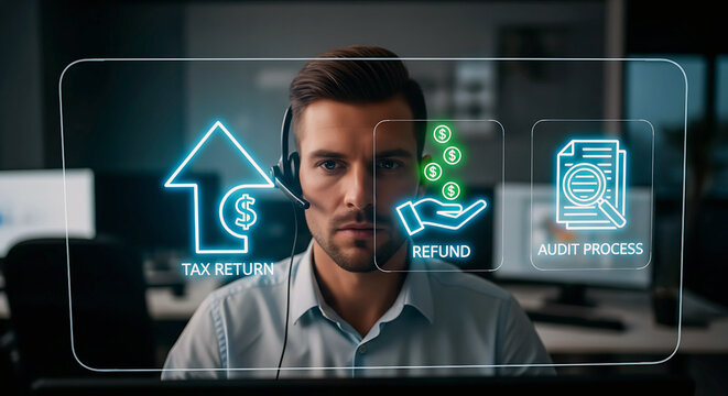 Man wearing headset with financial growth and document icons in futuristic interface