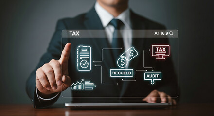 Businessman interacting with a futuristic financial technology interface