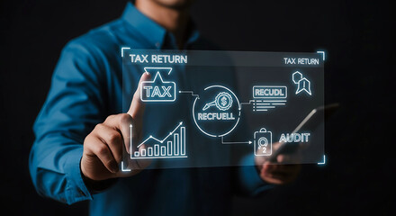 Man interacting with a futuristic holographic display showing financial data and charts