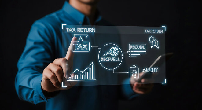 Man interacting with a futuristic holographic display showing financial data and charts - Powered by Adobe