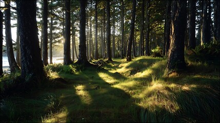 Obraz premium Early sunlight spills through trees, casting elongated shadows across the peaceful coastal woodland