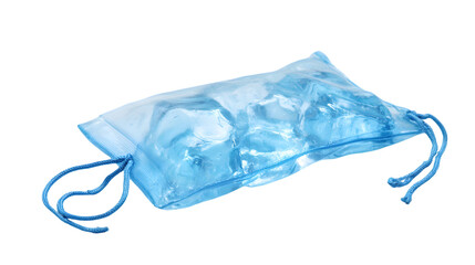 Fototapeta premium A translucent blue bag filled with ice cubes and a drawstring closure against a black background