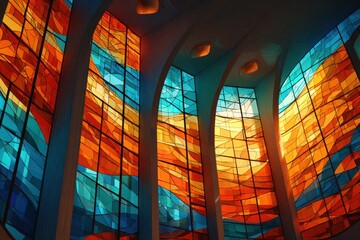 Light streams through vibrant stained glass windows in a grand church interior casting colorful rays across the space during daytime