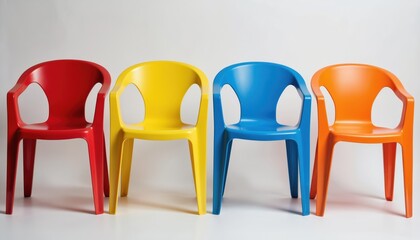 Obraz premium Four colorful plastic chairs in red, yellow, blue, orange arranged in row against clean white background. Modern simplicity, vibrant colors offer versatile decor options for homes events.