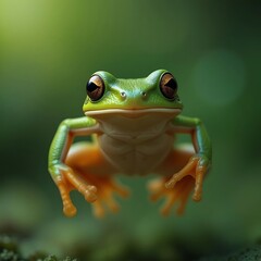 Obraz premium Green Tree Frog Leaping in Natural Habitat with Blurred Background