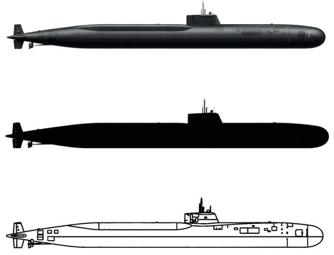 Ohio-Class Submarine in 3 Styles: Realistic Color, Silhouette & Line Art Blueprint | Naval SSBN Design Promo