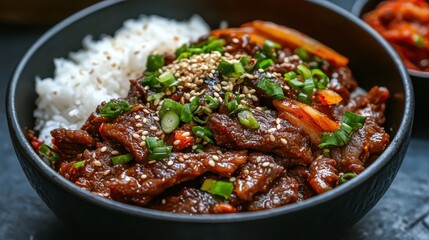 Fototapeta premium Savory Beef Dish with Rice and Fresh Vegetables in Bowl
