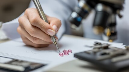 Hands of a gemologist grading gemstone quality with precision instruments documenting attributes like transparency and symmetry in a clinical environment.