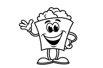 Obraz premium Coloring page for kids with cartoon popcorn character waving with cheerful expression