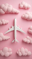 White airplane model surrounded by pink clouds, template for social media banner, digital marketing, web, mobile wallpaper, greetings card