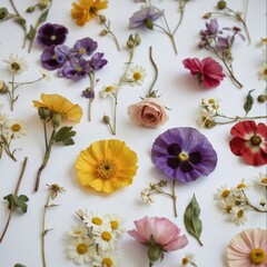 Collection of pressed flowers featuring poppies, pansies, daisies, roses in vibrant colors. Flat lay composition on white background displays delicate petals, botanical elements, natural beauty.