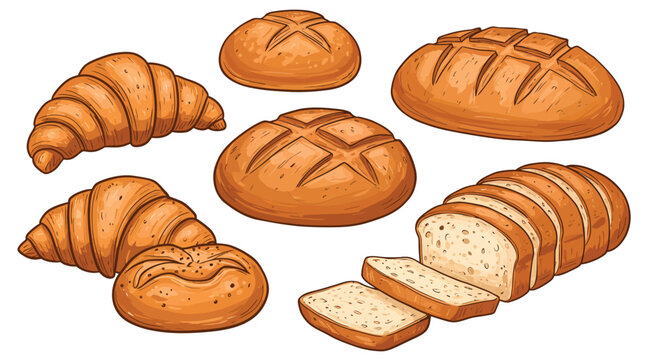 Assorted bread collection: croissant, sourdough, and loaf on white background