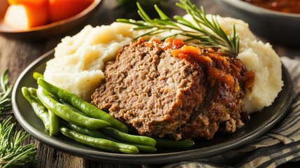 Savory Meatloaf with Mashed Potatoes and Green Beans on Plate