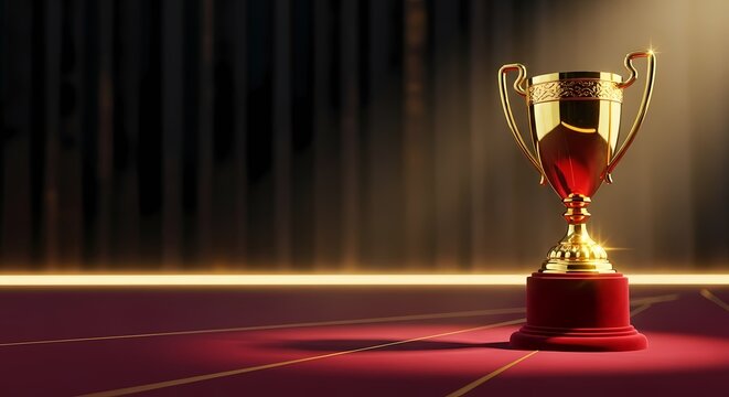 Golden Trophy Award on Red Carpet Background