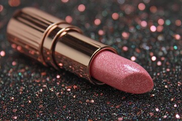 Close-up of a luxury lipstick with a shiny finish and jewel-encrusted case on a dark glittery surface
