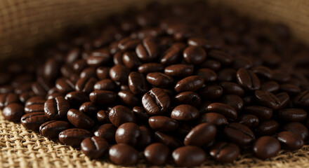 Fototapeta premium Detailed close-up of a burlap sack filled with dark, glossy arabica coffee beans.