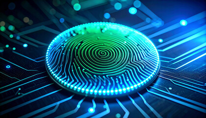 Glowing fingerprint on futuristic electronic circuit board