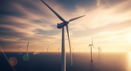 Obraz premium Offshore Wind Farm Sunset Renewable Energy Illustration