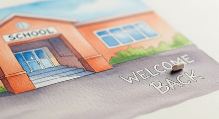 Watercolor painting of a school building with 'welcome back' message ai generated