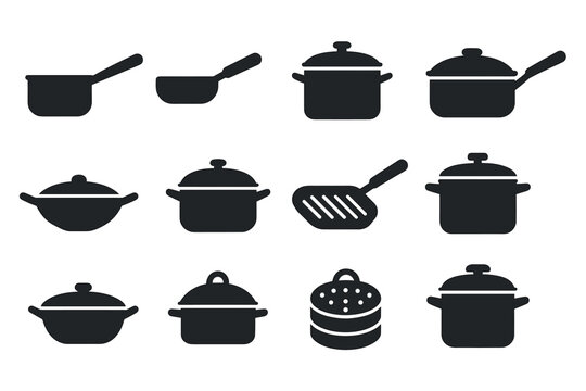 Kitchen, cooking silhouette icon set. pots, pans, utensils in silhouette style