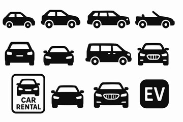 Car rental silhouette icon set. vehicle, automobile, ev icons collection