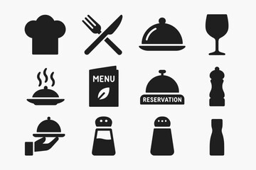 Food and restaurant solid icon set: dining, service, menu icons collection