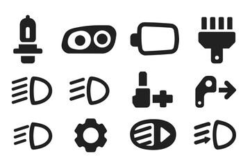 Automotive accessories solid icon set: lights, mirrors, gears solid collection