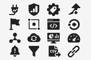 Business and technology solid icon set. modern office, analytics, data icons collection