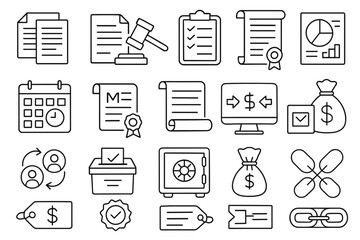 Business and finance line icon set. ledger, contracts, currency, checklist, vault icons