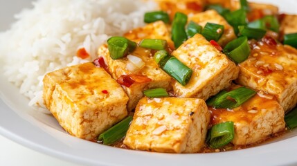Savory Tofu Dish with Rice and Green Onions in Delicious Sauce