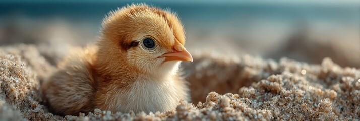 Newly hatched chick finding its way on sandy beach in the early morning light