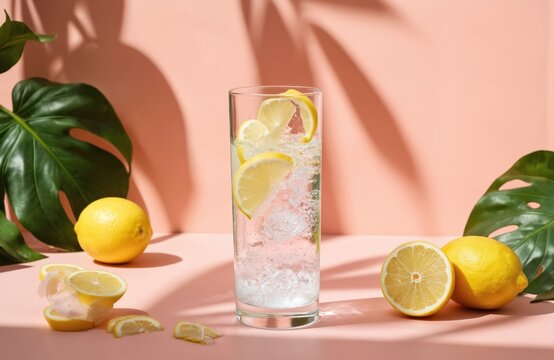 Tall glass of refreshing fizzy water with lemon slices. Bubbly beverage on pastel pink background with green leaves. Citrus drink promotes healthy hydration and summer refreshment. - Powered by Adobe