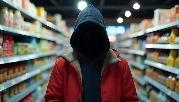 A young Caucasian theif with no face in a dark hoodie and red jacket standing in a convenience store aisle, created with generative ai