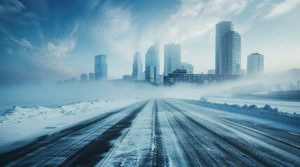 Fototapeta premium Snowy road leading to cityscape