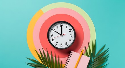 Retro wall clock with colorful circles and tropical leaves