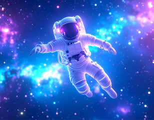 Astronaut floating in deep space, wearing a sleek futuristic suit with neon lights, glowing stars and galaxy in background, surreal sci-fi atmosphere, 3D illustration, no logos or text