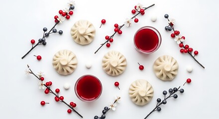 Obraz premium Delicious georgian khinkali dumplings with berry sauce and festive decorations