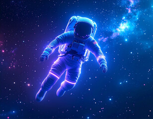 Fototapeta premium Astronaut floating in deep space, wearing a sleek futuristic suit with neon lights, glowing stars and galaxy in background, surreal sci-fi atmosphere, 3D illustration, no logos or text